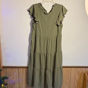 Elegant Olive Green Ruffle Sleeve Dress